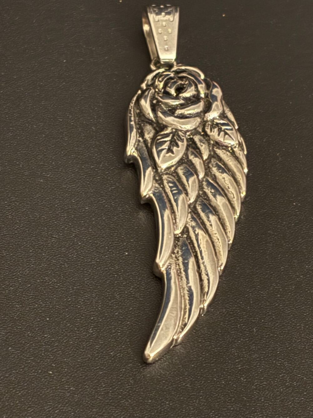 Vintage Rose Angel Wing Silver Tone Pendant